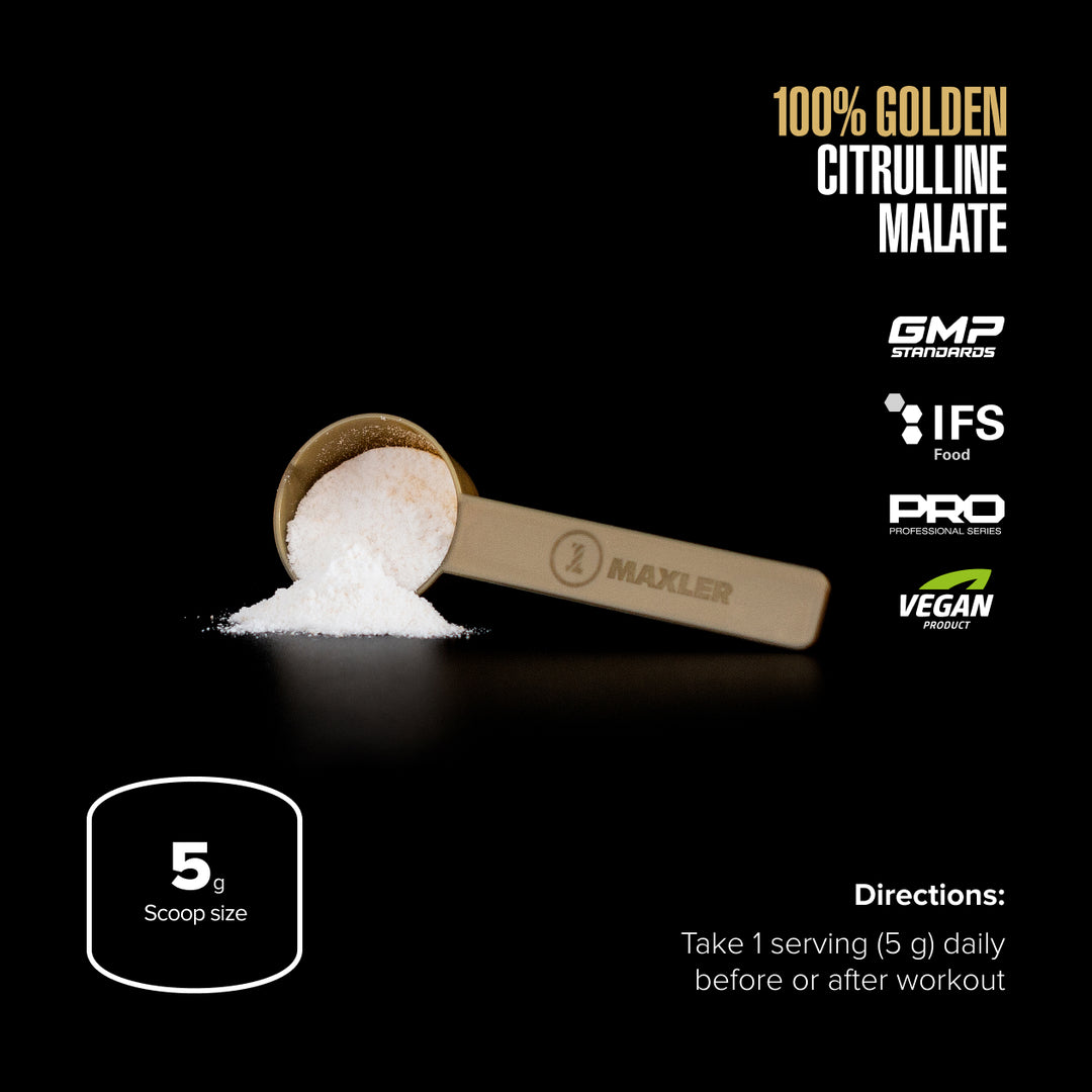 Maxler scoop with citrulline malate powder on a black background