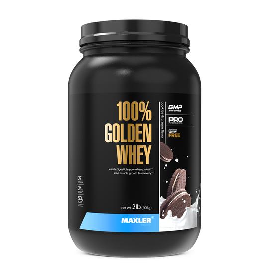 Black container of Maxler 100% Golden Whey protein powder on a white background