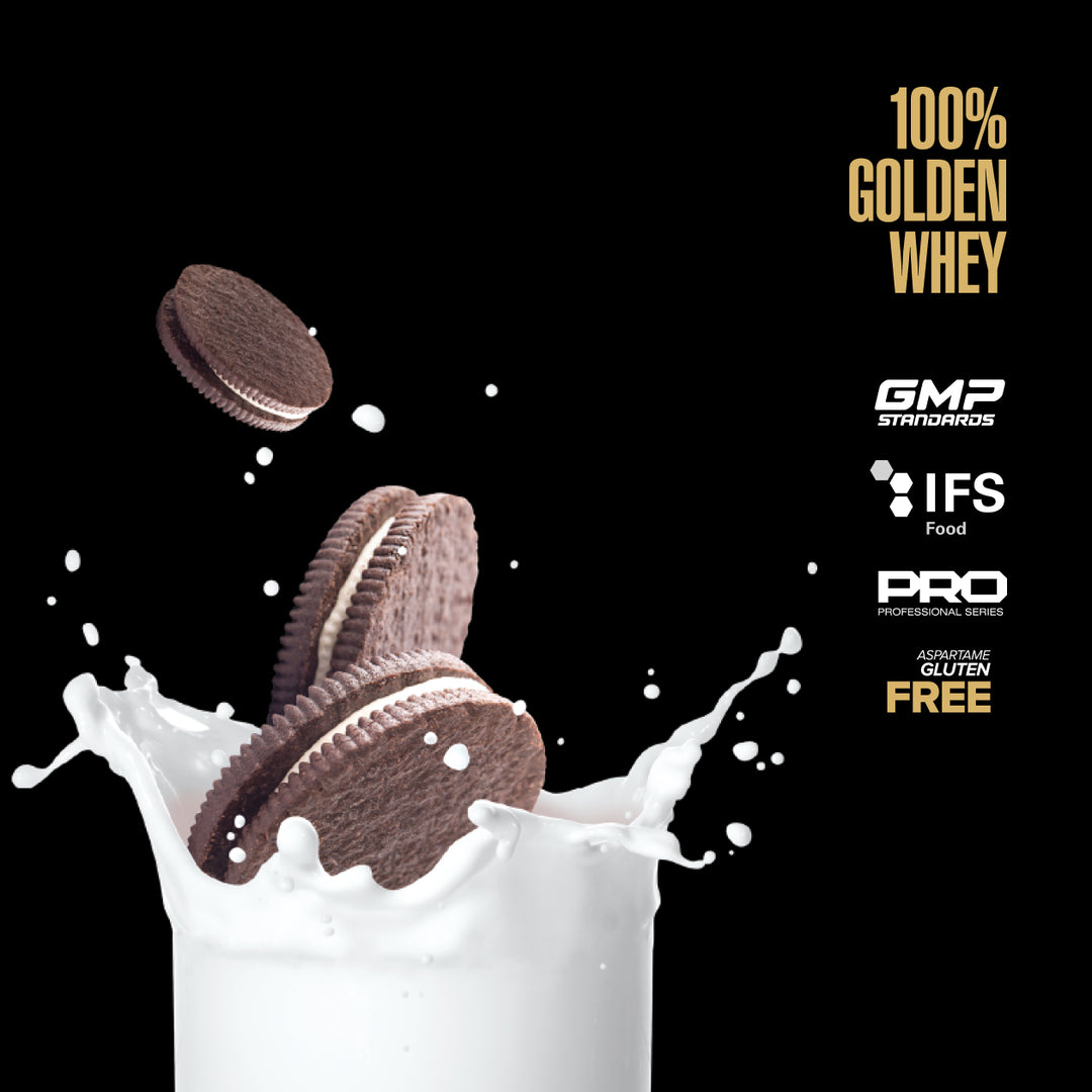 Chocolate cookies falling into a glass of milk with certification logos on a black background