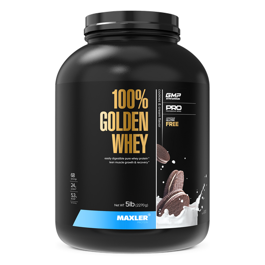 Maxler 100% Golden Whey protein powder container on a white background