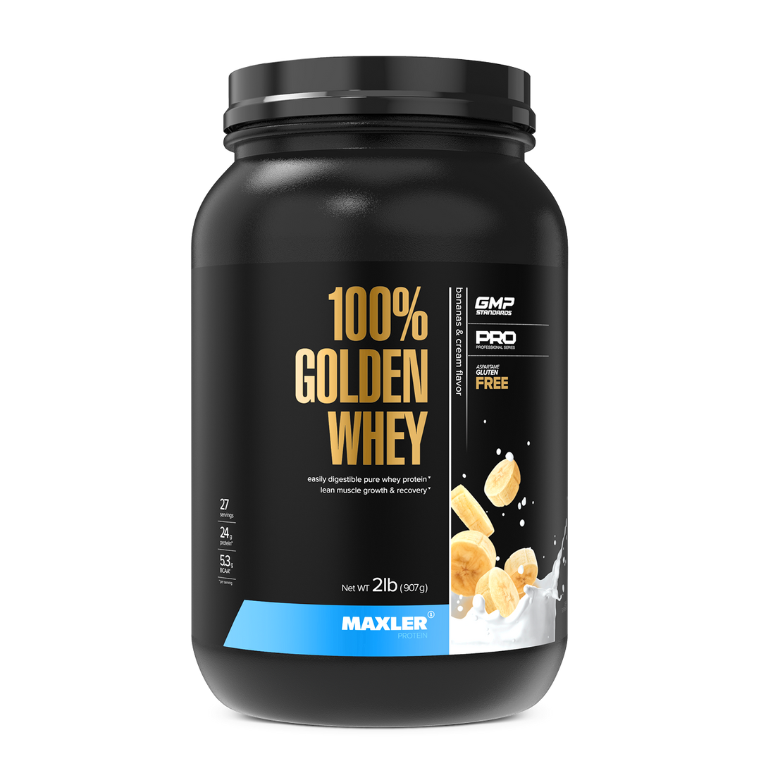 Black container of Maxler 100% Golden Whey protein powder on a white background