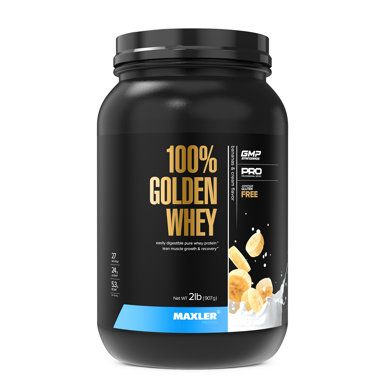 Black container of Maxler 100% Golden Whey protein powder on a white background