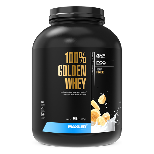 Black container of Maxler 100% Golden Whey protein powder on a white background