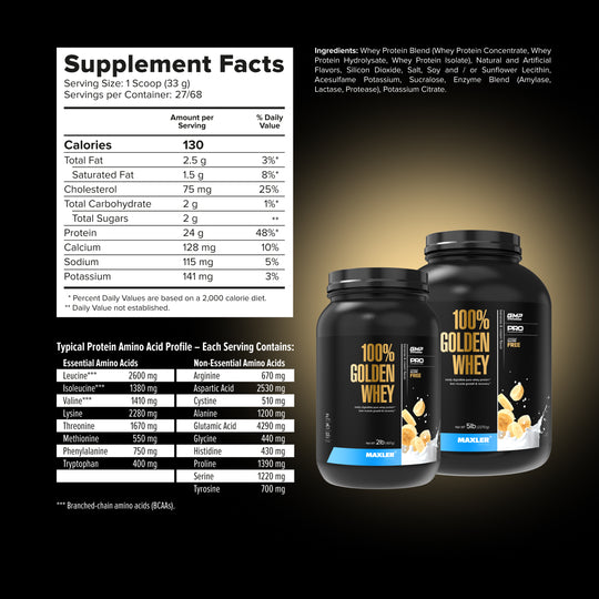Maxler Golden Whey protein supplement containers with nutritional facts on a black background