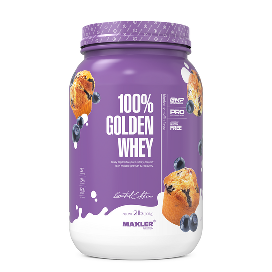 Purple and white container of Maxler 100% Golden Whey protein powder on a white background