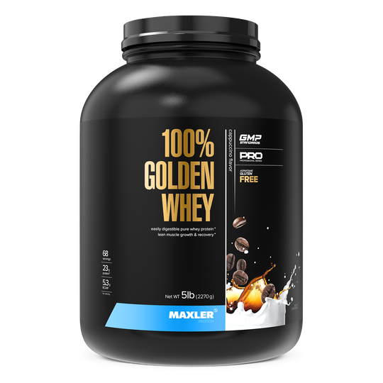 Black container of Maxler 100% Golden Whey protein powder on a white background