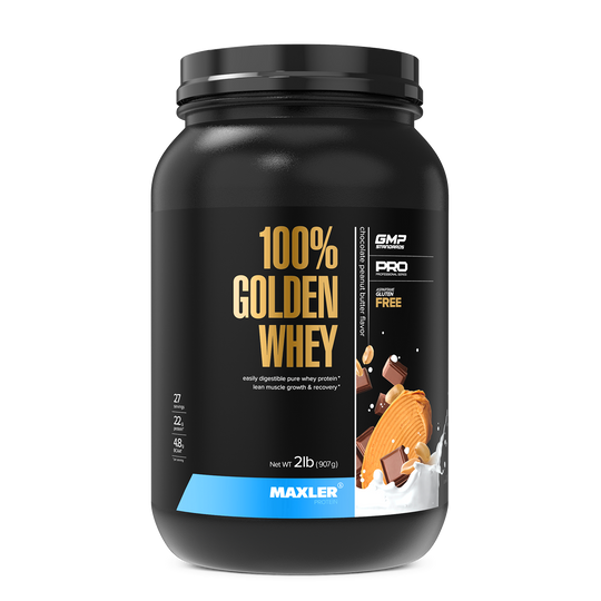 Black container of Maxler 100% Golden Whey protein powder on a white background