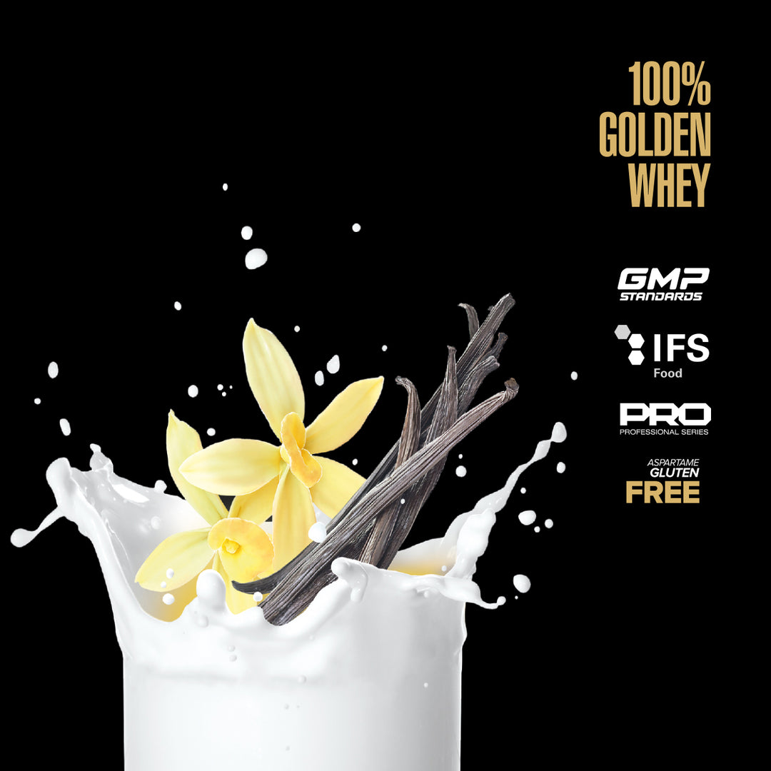 Vanilla flowers and vanilla beans in a glass of milk with certification logos on a black background