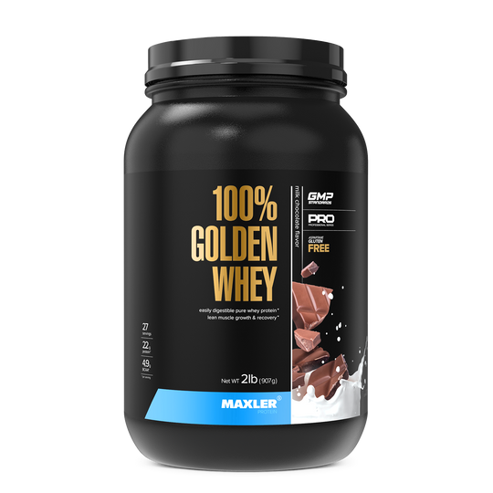 Black container of Maxler 100% Golden Whey protein powder on a white background