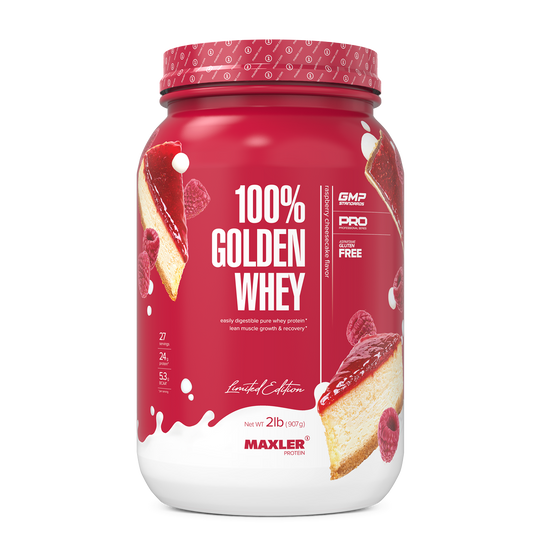 Red and white container of Maxler 100% Golden Whey protein powder on a white background