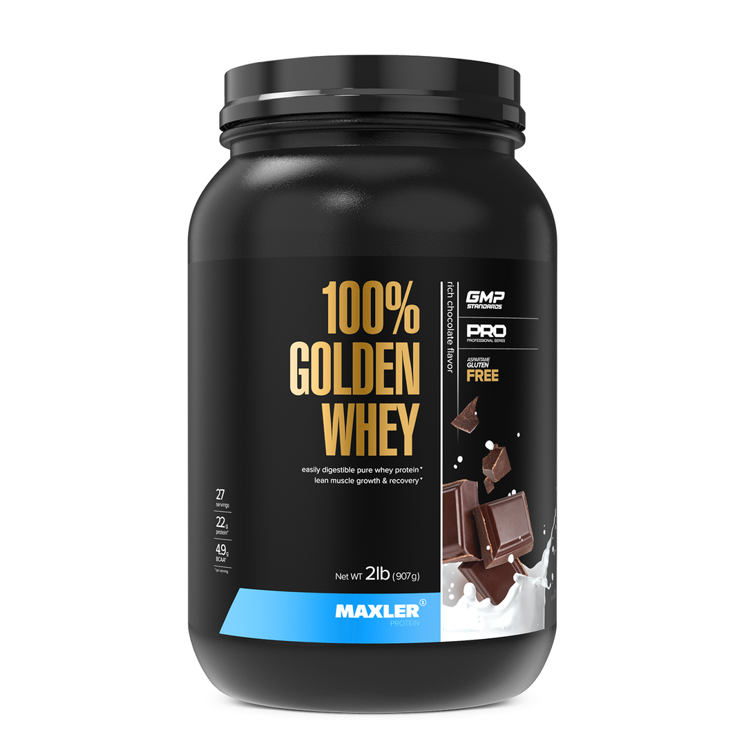 Black container of Maxler 100% Golden Whey protein powder on a white background