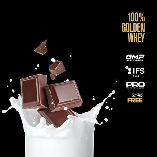 Chocolate bars being poured into a glass of milk with certification logos on a black background