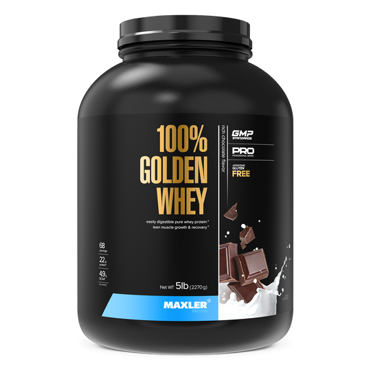 Black container of Maxler 100% Golden Whey protein powder on a white background
