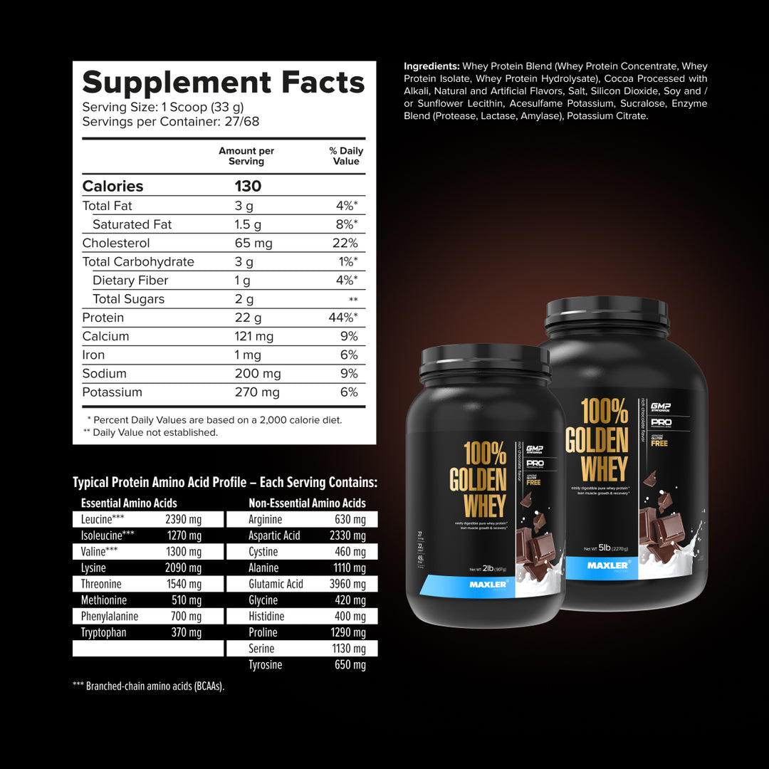 Supplement facts label and two protein supplement containers on a black background