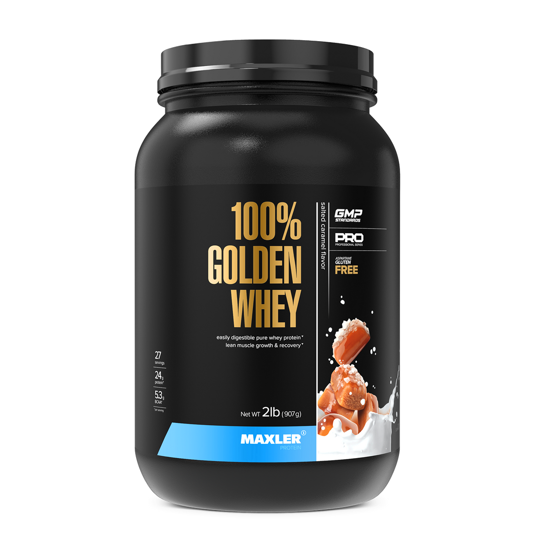 Black container of 100% Golden Whey protein powder by Maxler on a white background