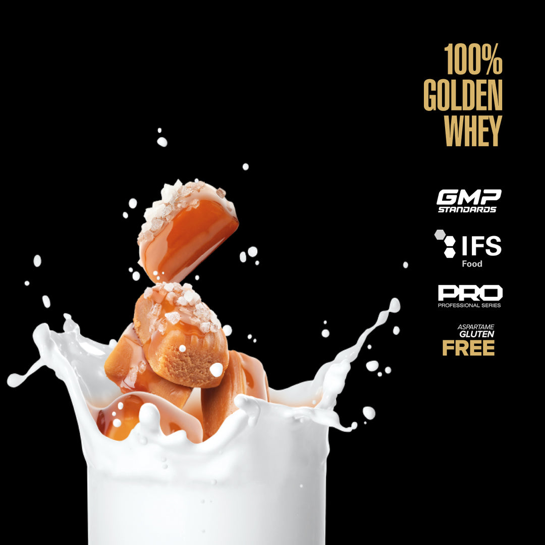 Two scoops of protein powder being poured into a glass of milk with certification logos on a black background.