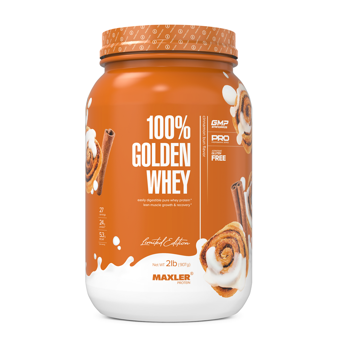 Maxler 100% Golden Whey protein powder container on a white background