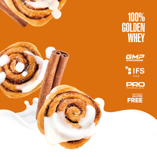 Cinnamon rolls with white frosting and a cinnamon stick on an orange background with certification logos.