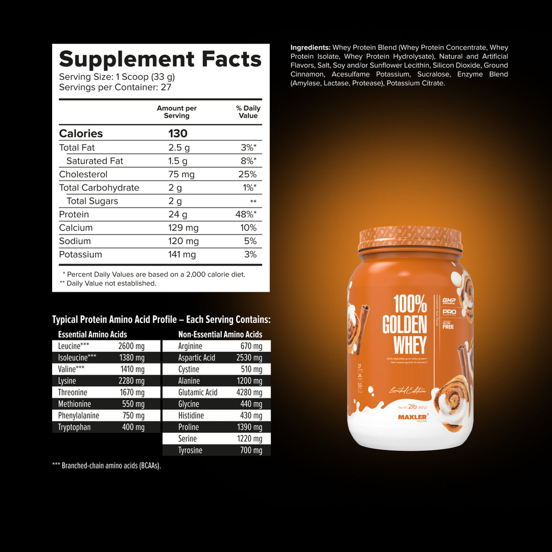 Supplement facts label and container of 100% Golden Whey protein powder on a black background.