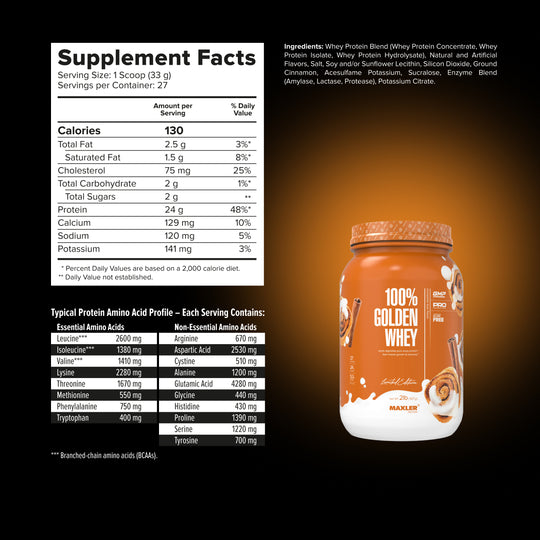 Supplement facts label and container of 100% Golden Whey protein powder on a black background.