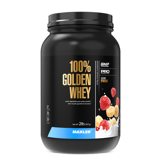Black container of Maxler 100% Golden Whey protein powder on a white background