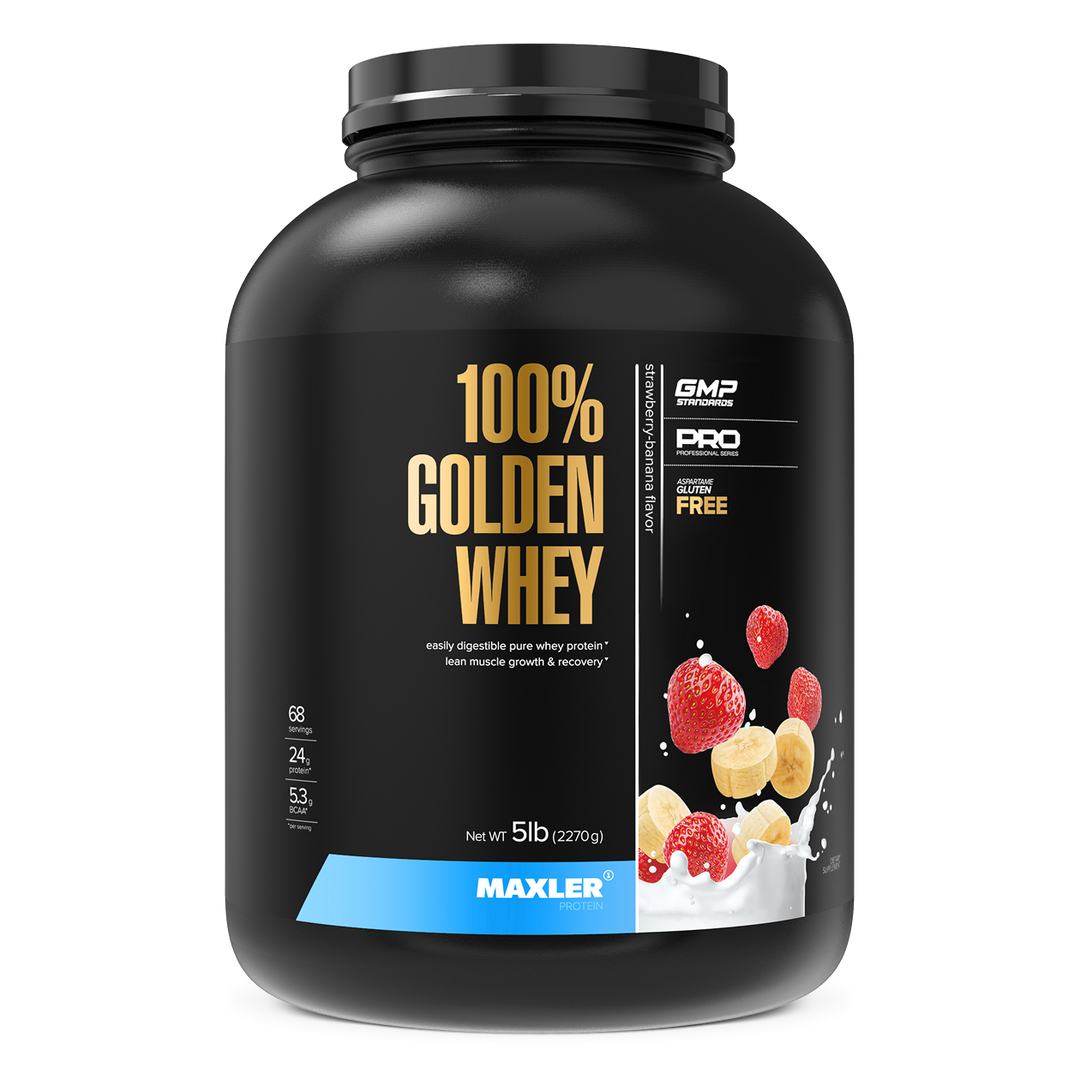 Black container of 100% Golden Whey protein powder with fruit illustration on a white background
