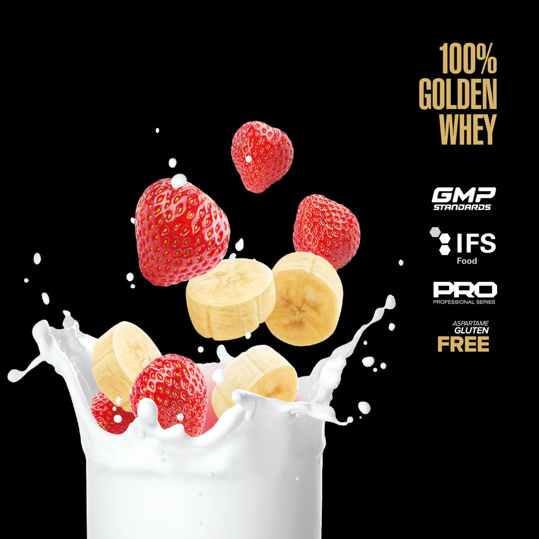 Fruit and milk with certification logos on a black background