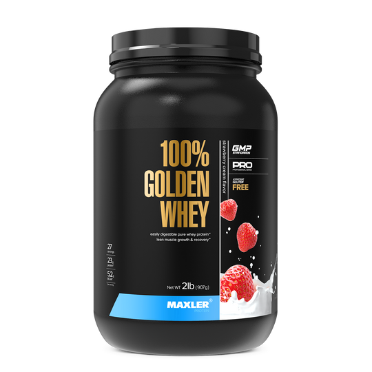 Black container of Maxler 100% Golden Whey protein powder on a white background