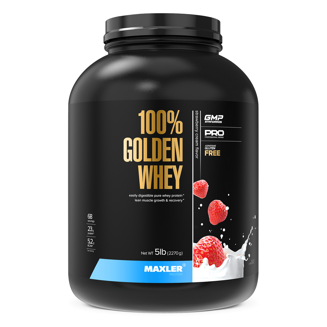 Black container of Maxler 100% Golden Whey protein powder on a white background