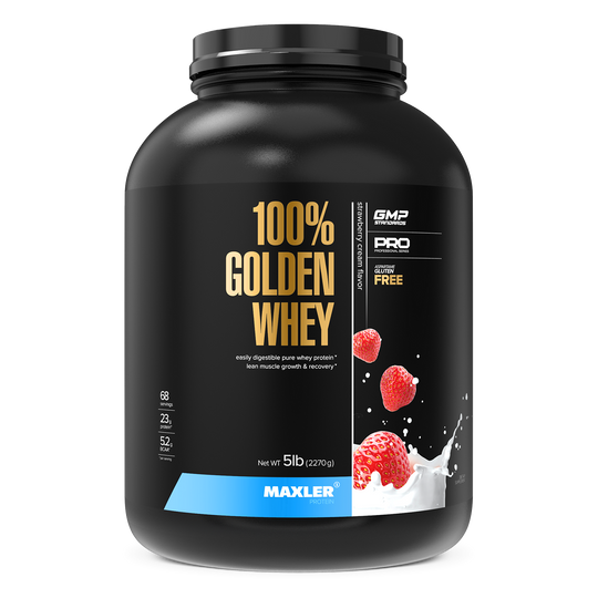 Black container of Maxler 100% Golden Whey protein powder on a white background