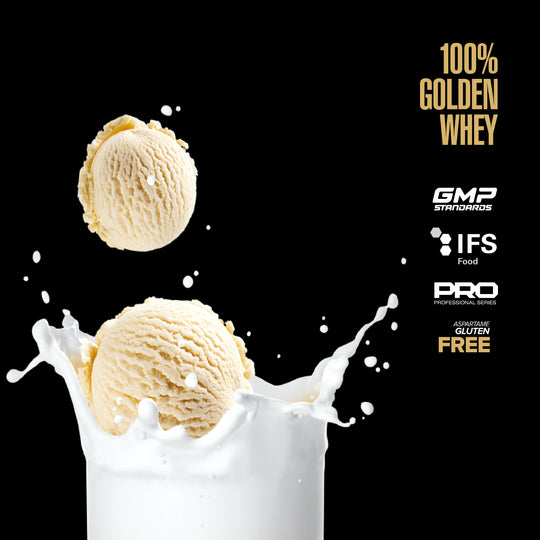 Two scoops of ice cream in a glass with milk, against a black background with certification logos.