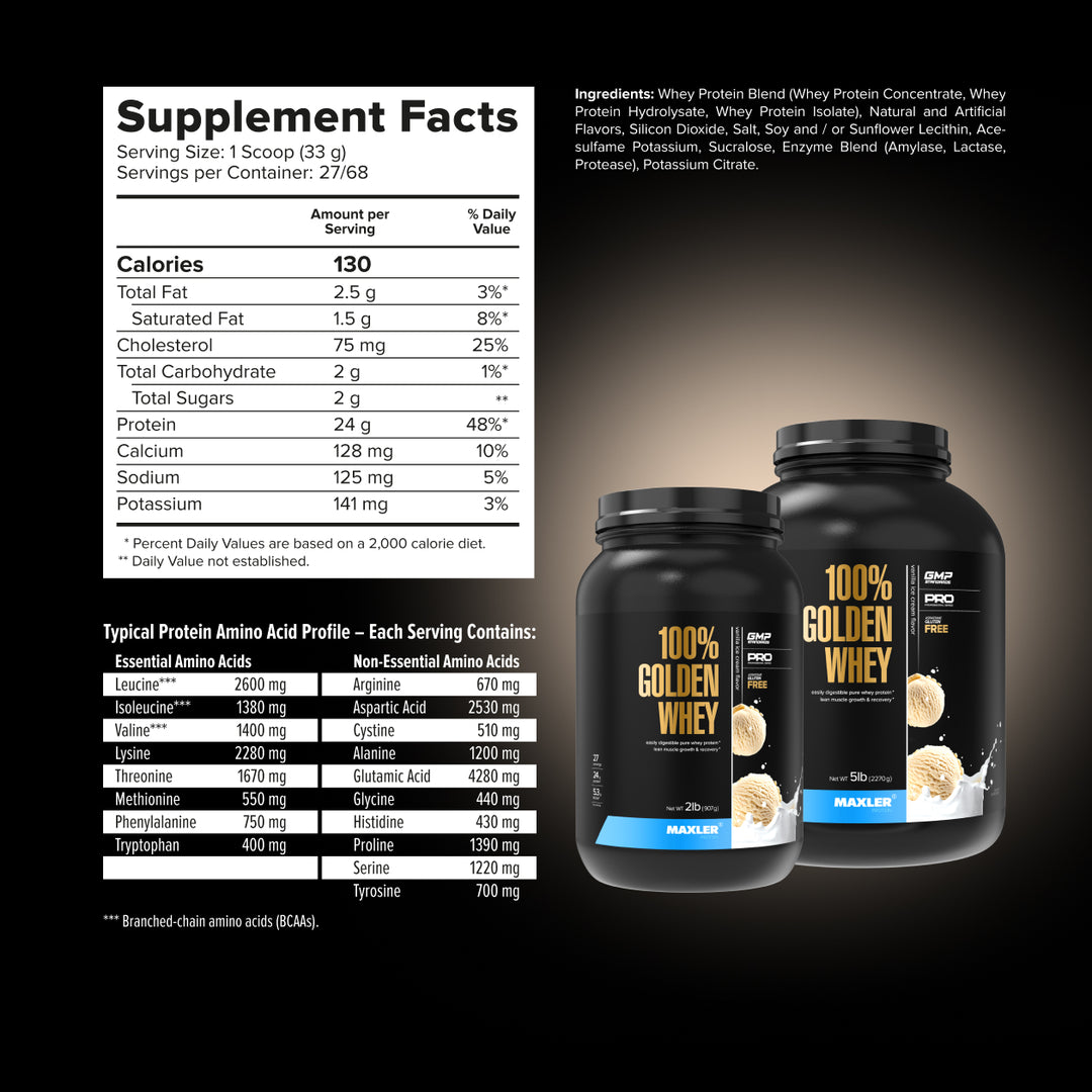 Supplement facts label and two protein powder containers on a black background