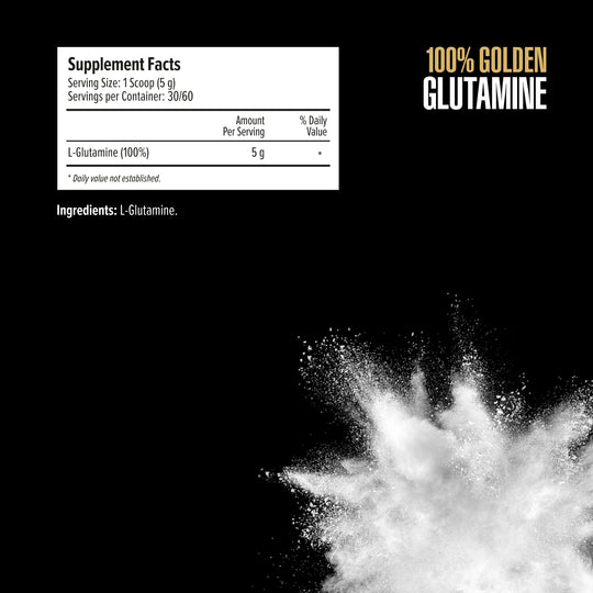 Supplement facts label for 100% Golden Glutamine with a black background and glutamine powder explosion.
