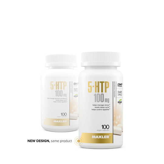 Two bottles of Maxler 5-HTP 100 mg on a white background