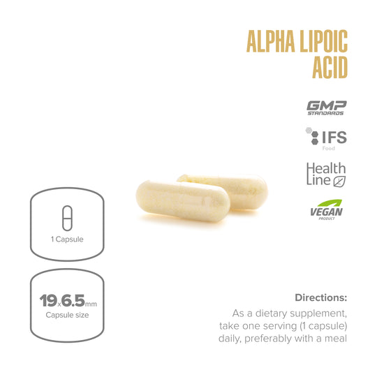 Alpha Lipoic Acid capsules with size and direction information on a white background
