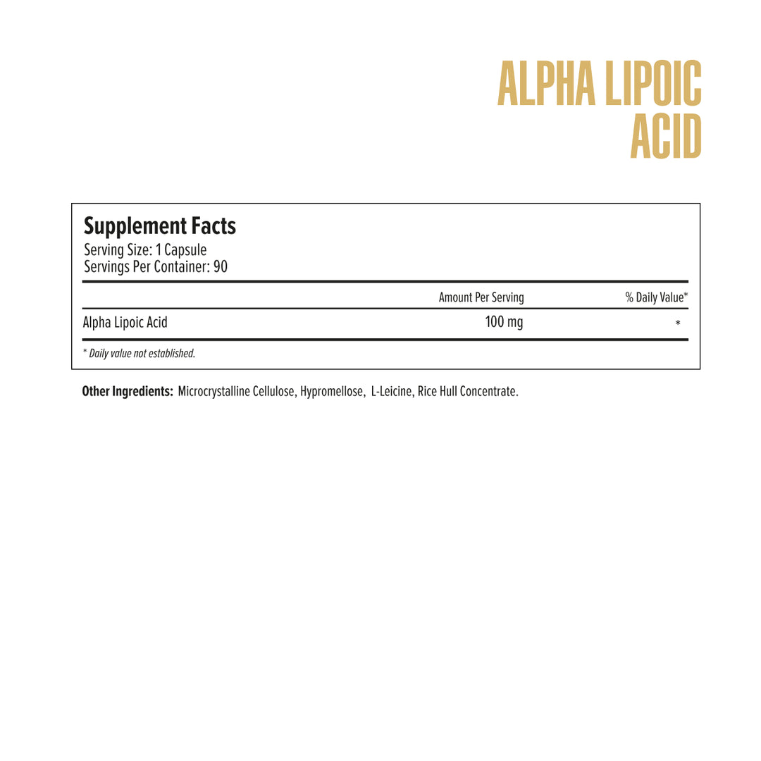 Supplement label for Alpha Lipoic Acid on a white background