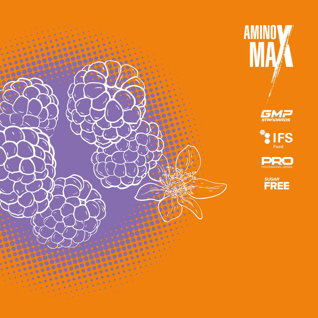 Aminos Max supplement packaging with purple raspberries and a flower on an orange background