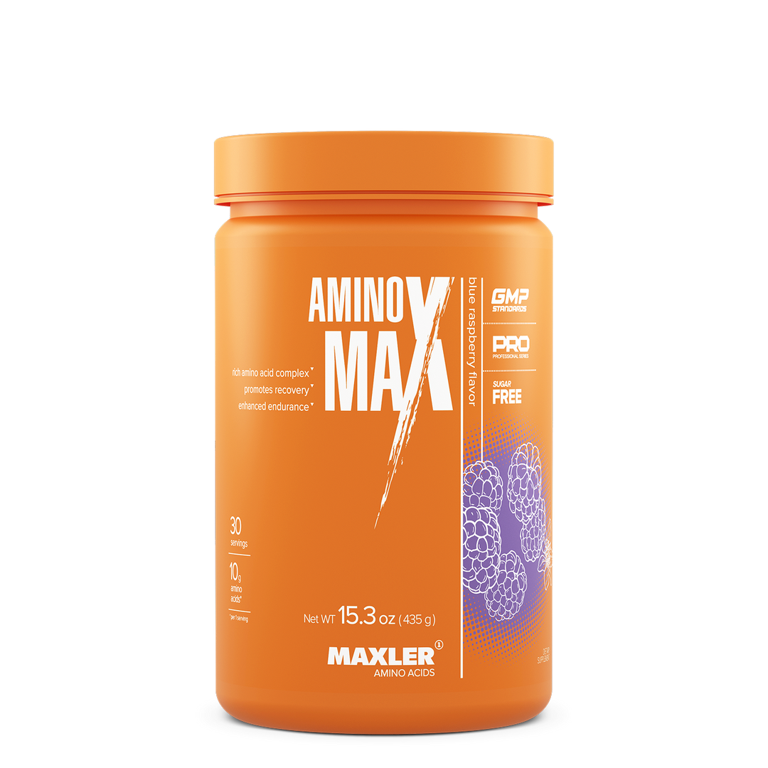 Orange supplement container labeled 'Amino Max' by Maxler on a white background