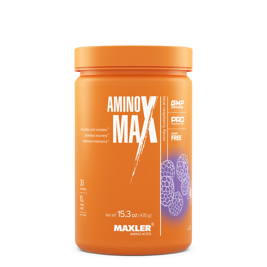 Orange supplement container labeled 'Amino Max' by Maxler on a white background