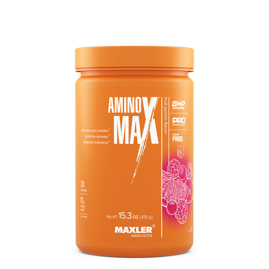 Orange container of Maxler Amino Max on a white background