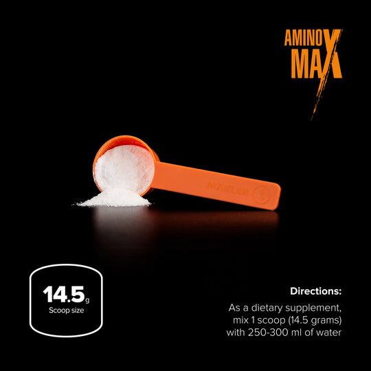 Orange scoop with white powder and Aminos Max branding on a black background