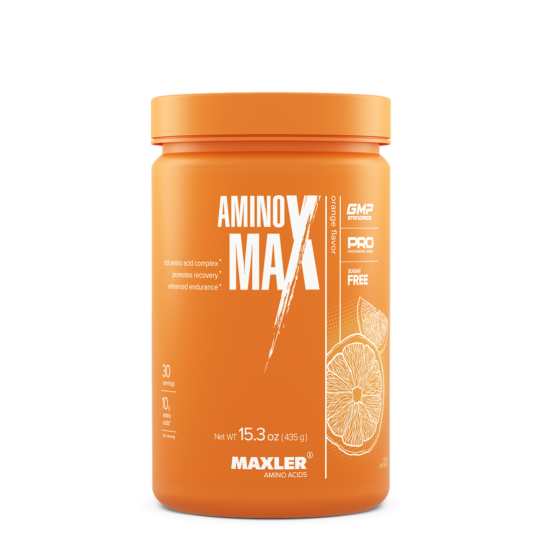 Orange supplement container labeled 'Amino Max' by Maxler on a white background
