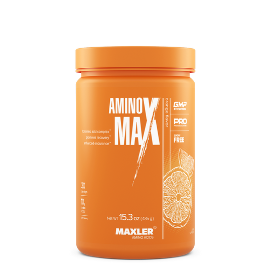 Orange supplement container labeled 'Amino Max' by Maxler on a white background