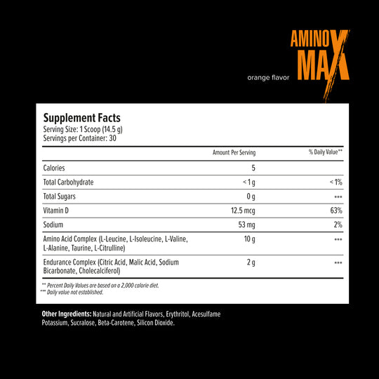 Supplement facts label for Aminos Max with nutritional information on a black background