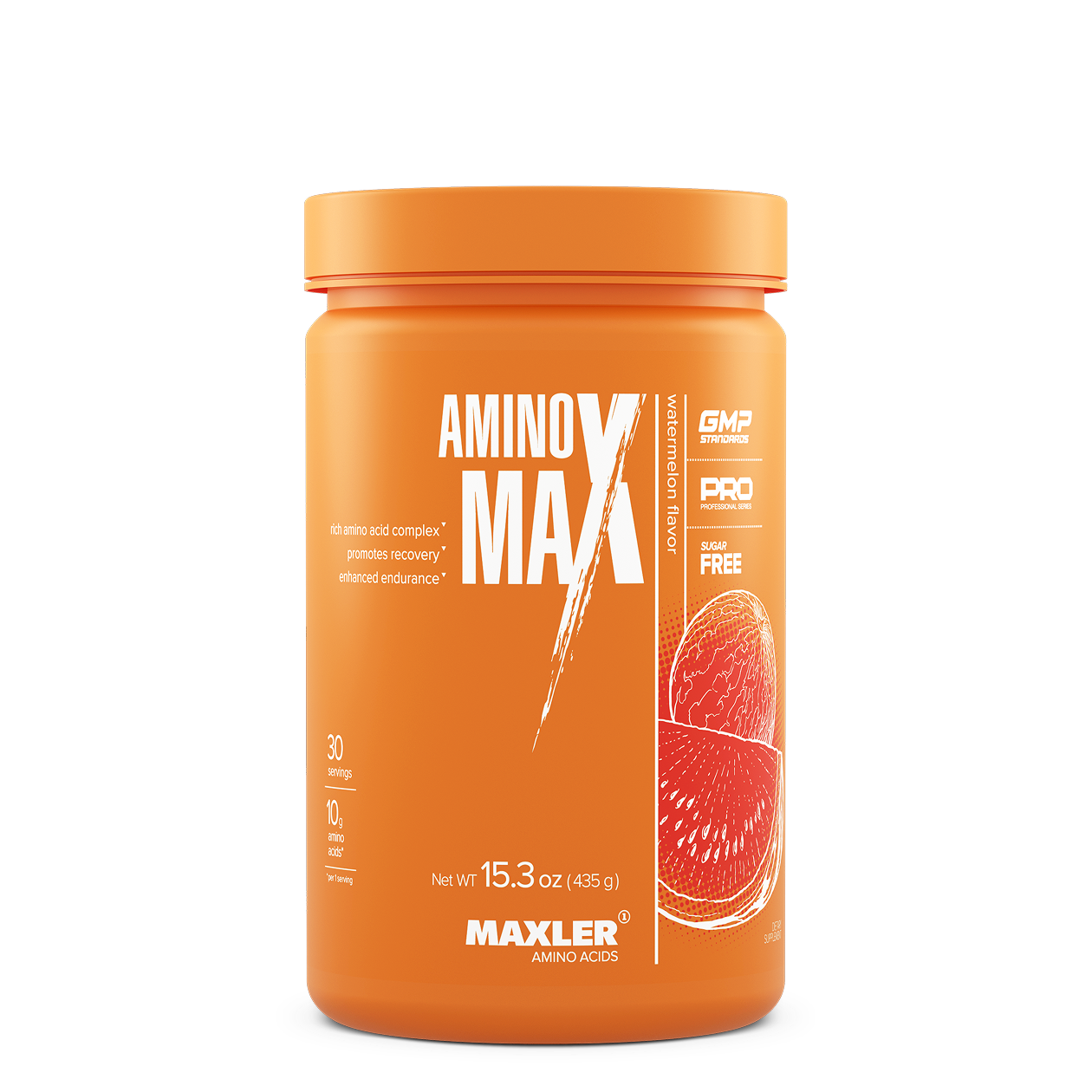 Water melon supplement container labeled 'Amino Max' by Maxler on a white background