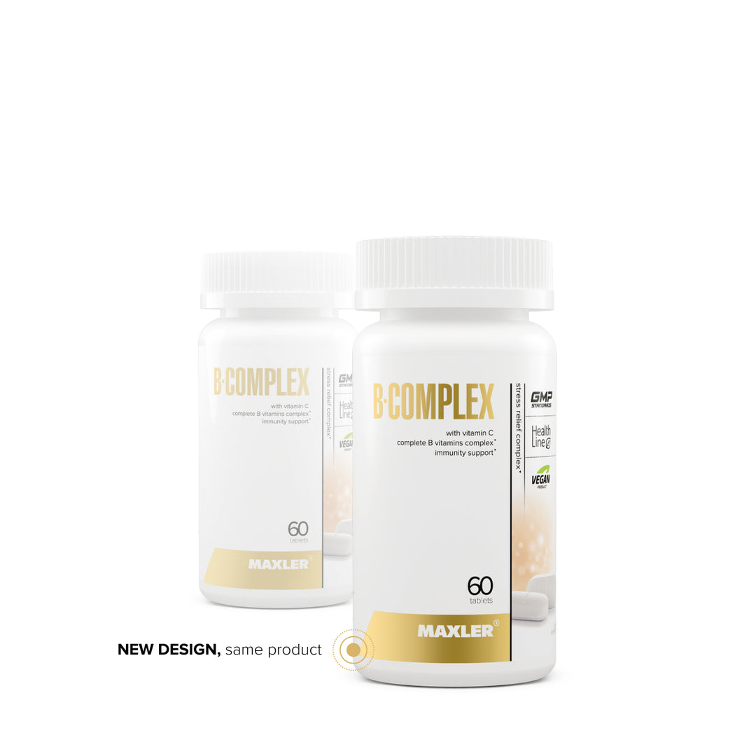 Two bottles of Maxler B-Complex supplement on a white background