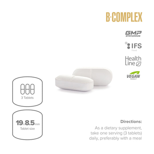B-complex supplement packaging with tablets, size details, and certification logos on a white background.