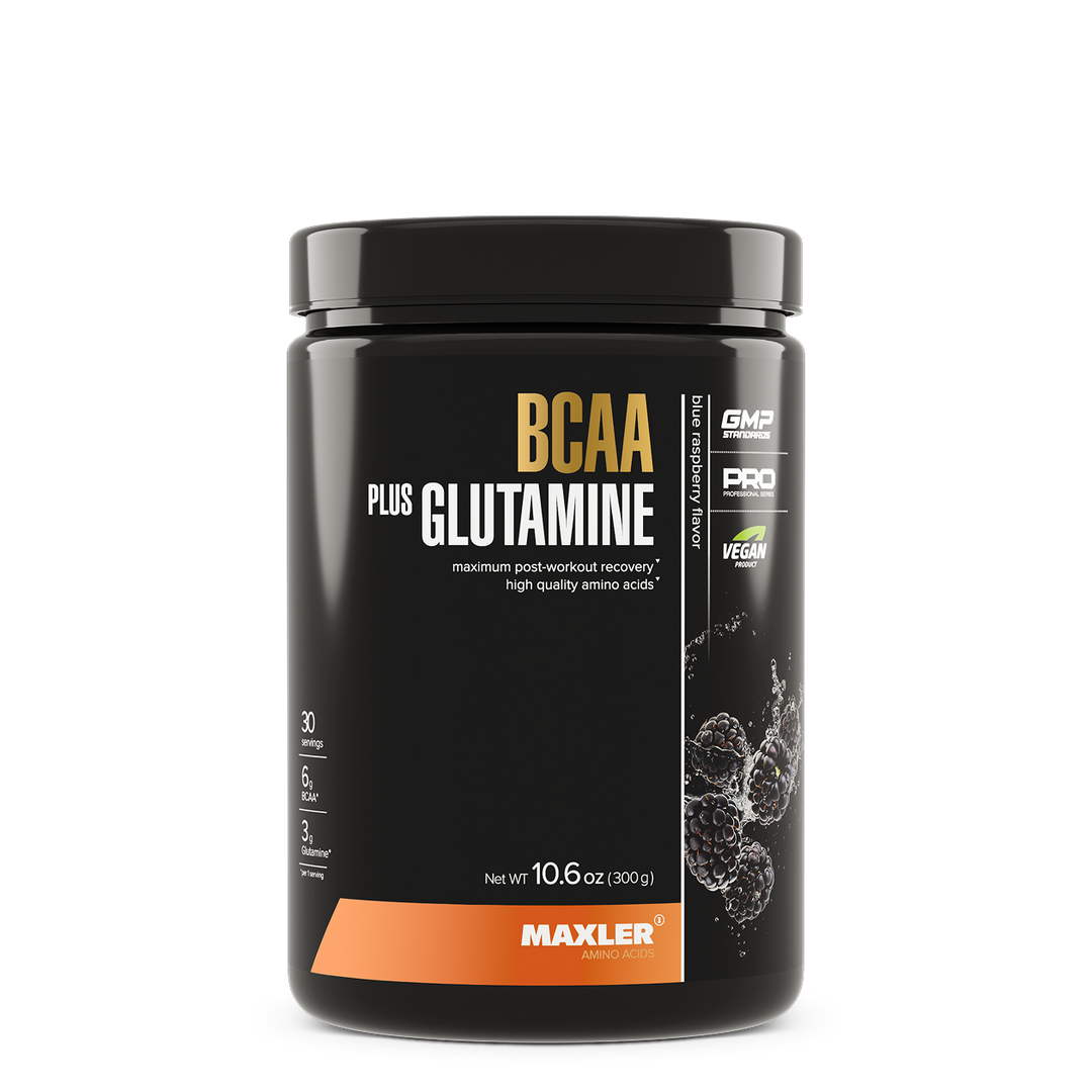 Black supplement container labeled 'BCAA Plus Glutamine' by Maxler on a white background