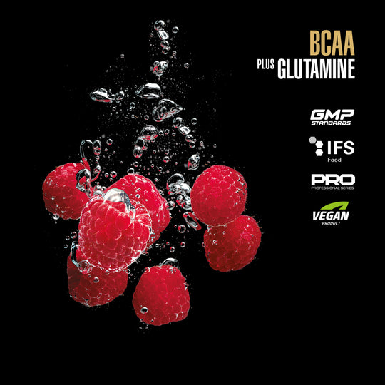 Raspberries splashing in water with certification logos on a black background