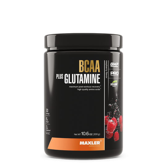 Black supplement container labeled 'BCAA Plus Glutamine' by Maxler on a white background